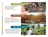 Product packaging with text about peat-free soil and environmental impact, featuring a hand holding soil and a scenic landscape.