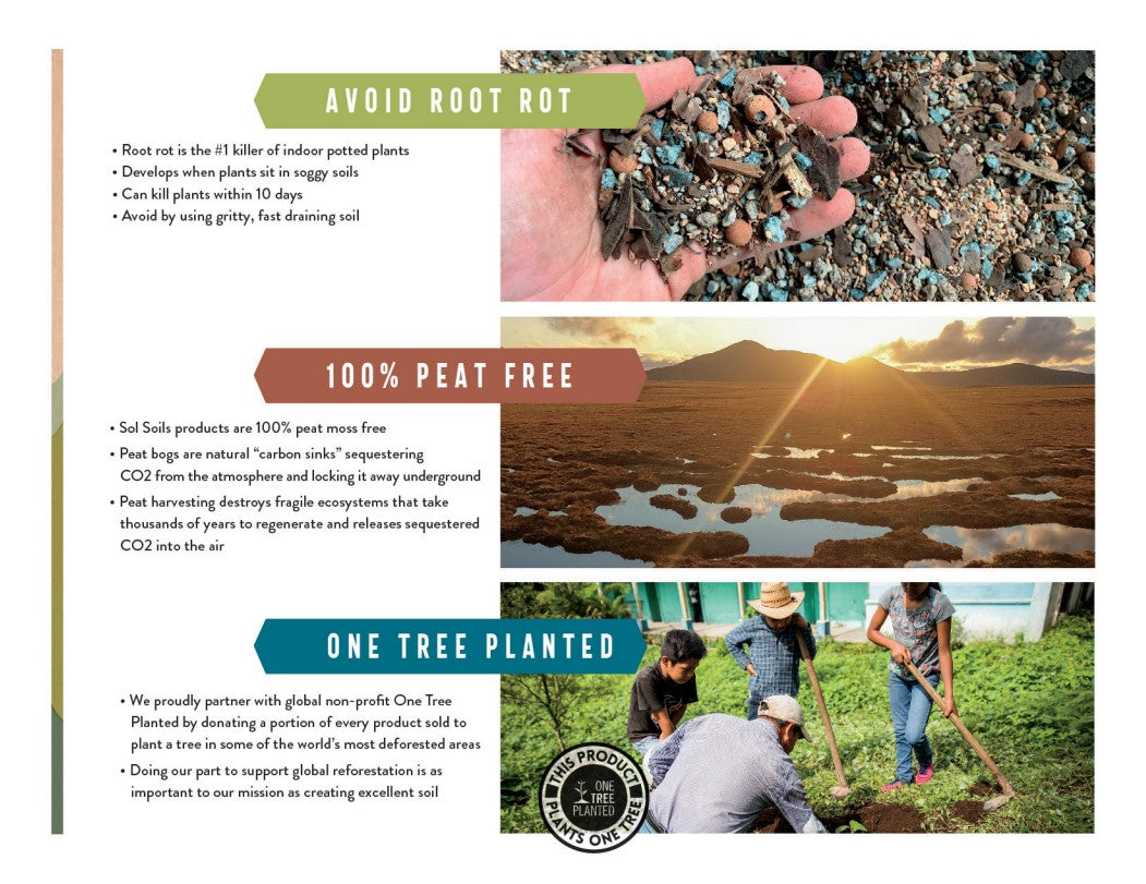Product packaging with text about peat-free soil and environmental impact, featuring a hand holding soil and a scenic landscape.