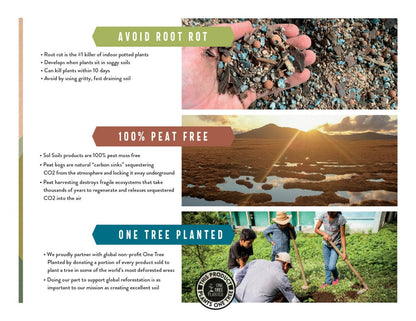 Product packaging with text about peat-free soil and environmental impact, featuring a hand holding soil and a scenic landscape.